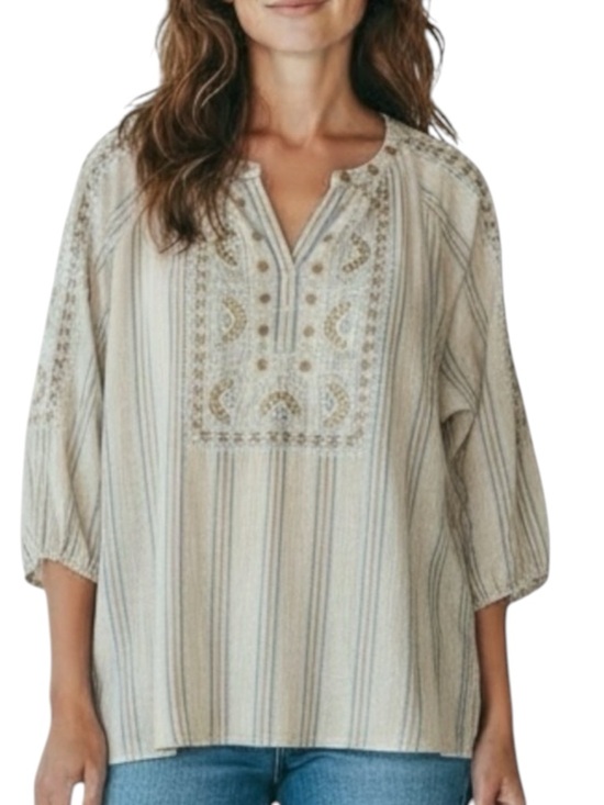 Pure Jill Tops - PURE JILL Striped Embroidered Tunic in Beige / Cream Size M — SUPER BOHO VIBES!